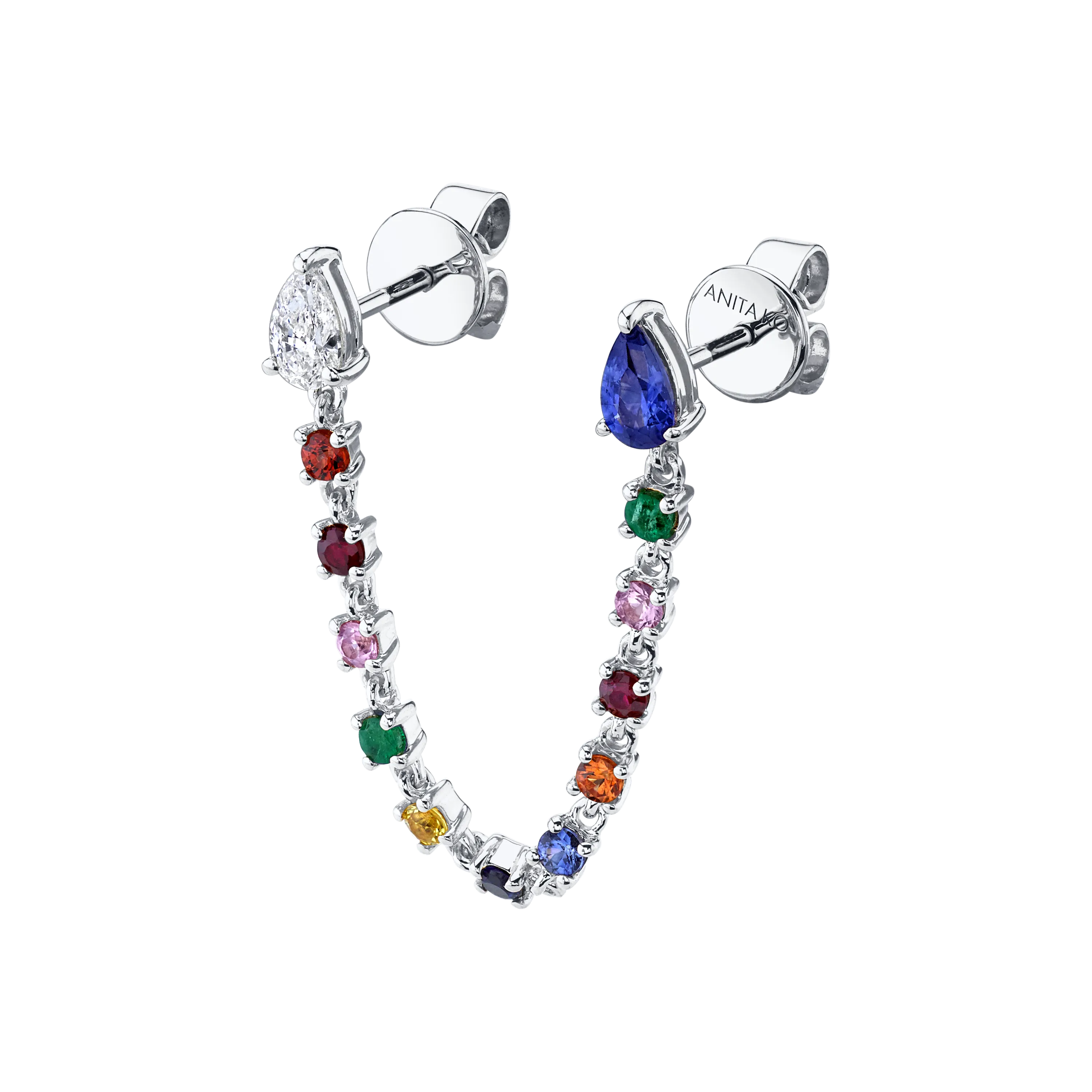 DOUBLE PIERCING LOOP EARRING WITH DIAMOND AND BLUE SAPPHIRE PEAR STUDS