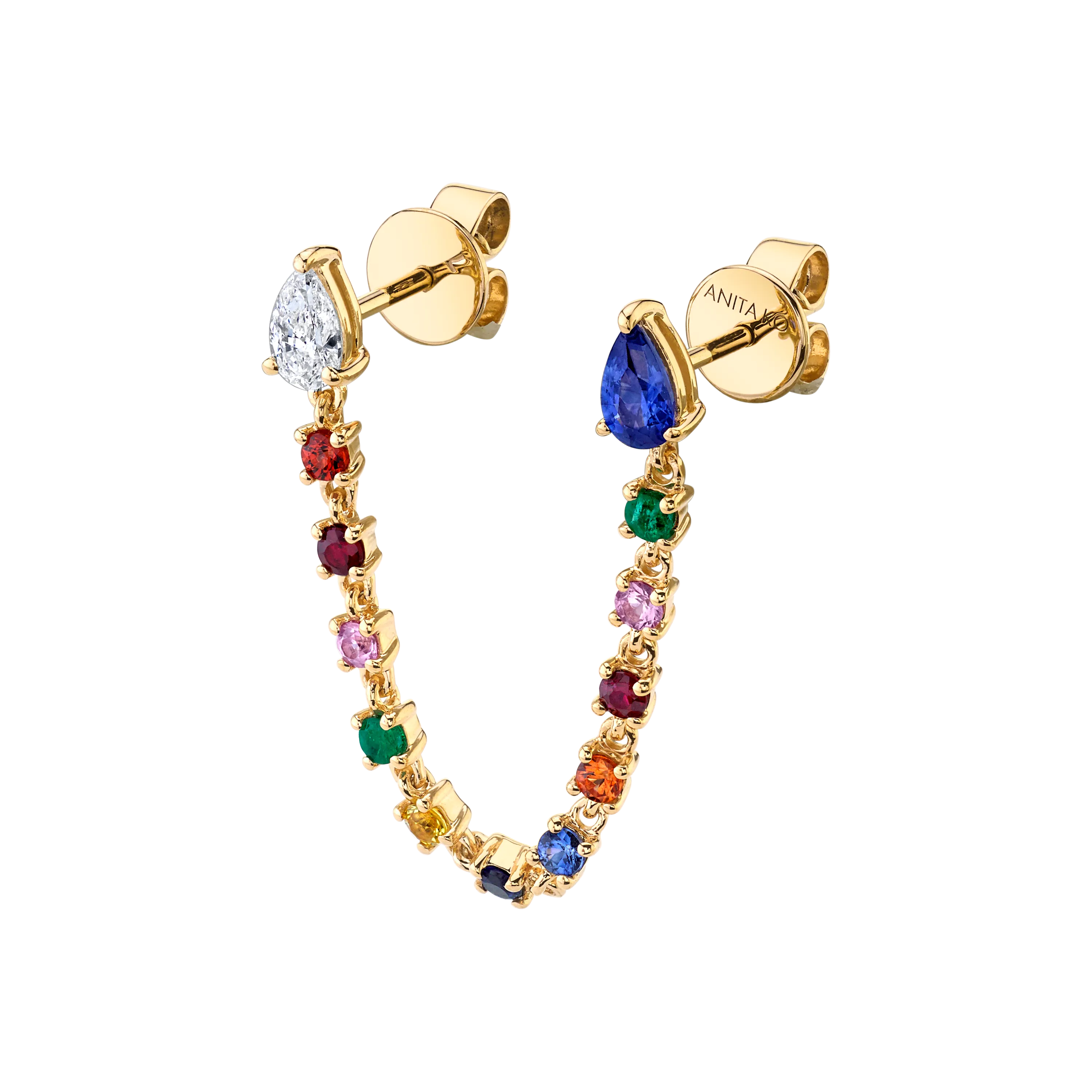 DOUBLE PIERCING LOOP EARRING WITH DIAMOND AND BLUE SAPPHIRE PEAR STUDS