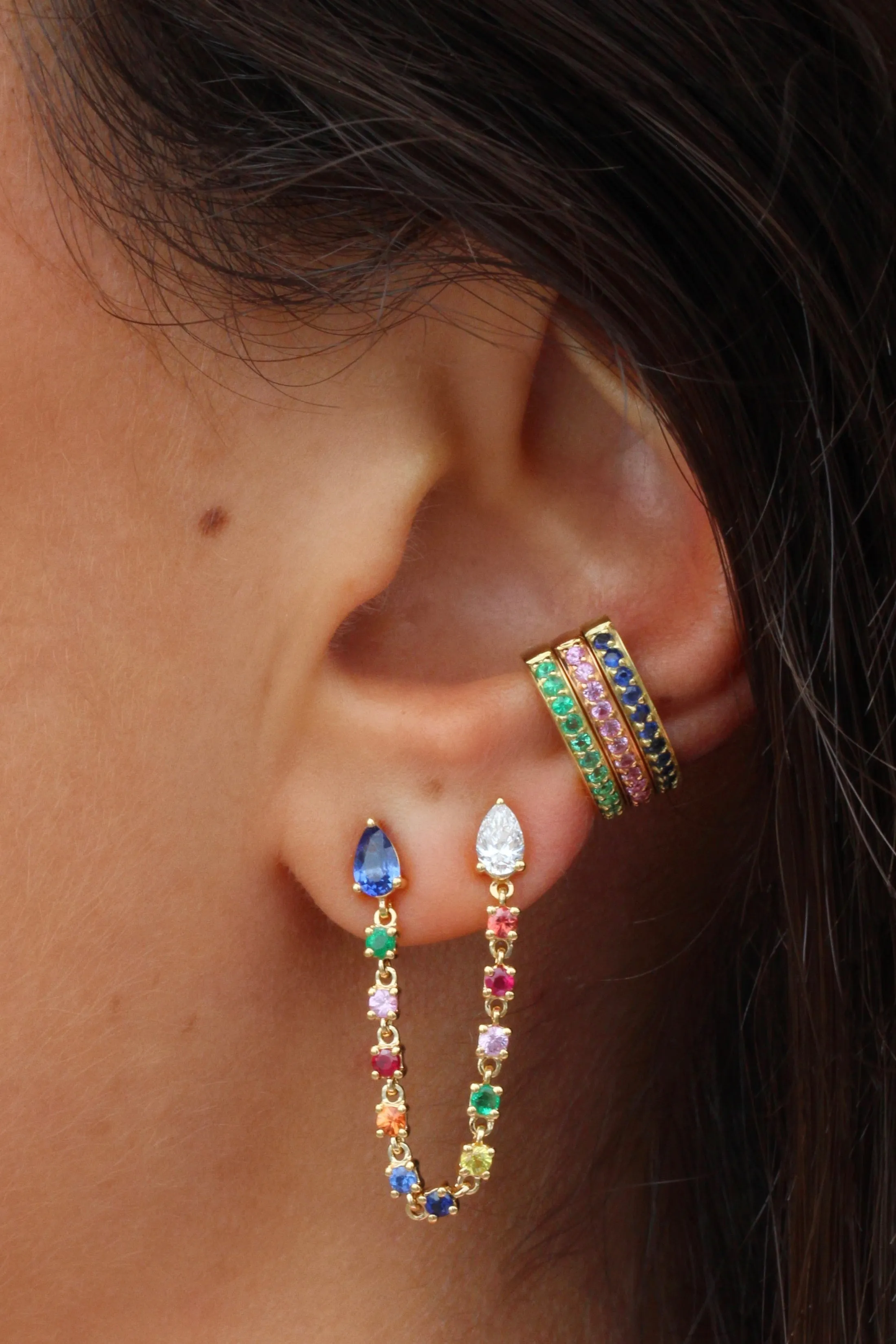 DOUBLE PIERCING LOOP EARRING WITH DIAMOND AND BLUE SAPPHIRE PEAR STUDS