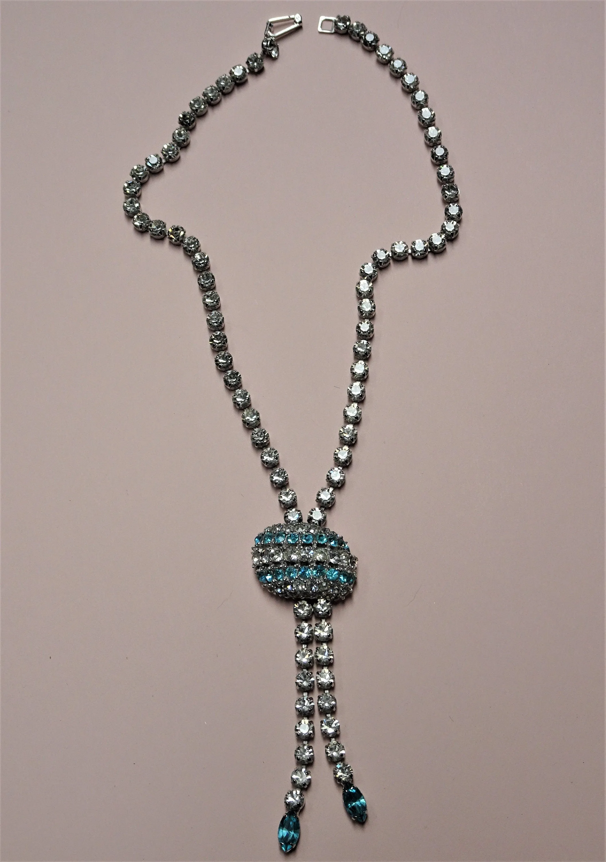 DRAMATIC Art Deco Design Necklace, Sparkling Glass Stones,Brilliant White and Aqua Blue Glass Stones,Unique Design,Collectible Jewelry
