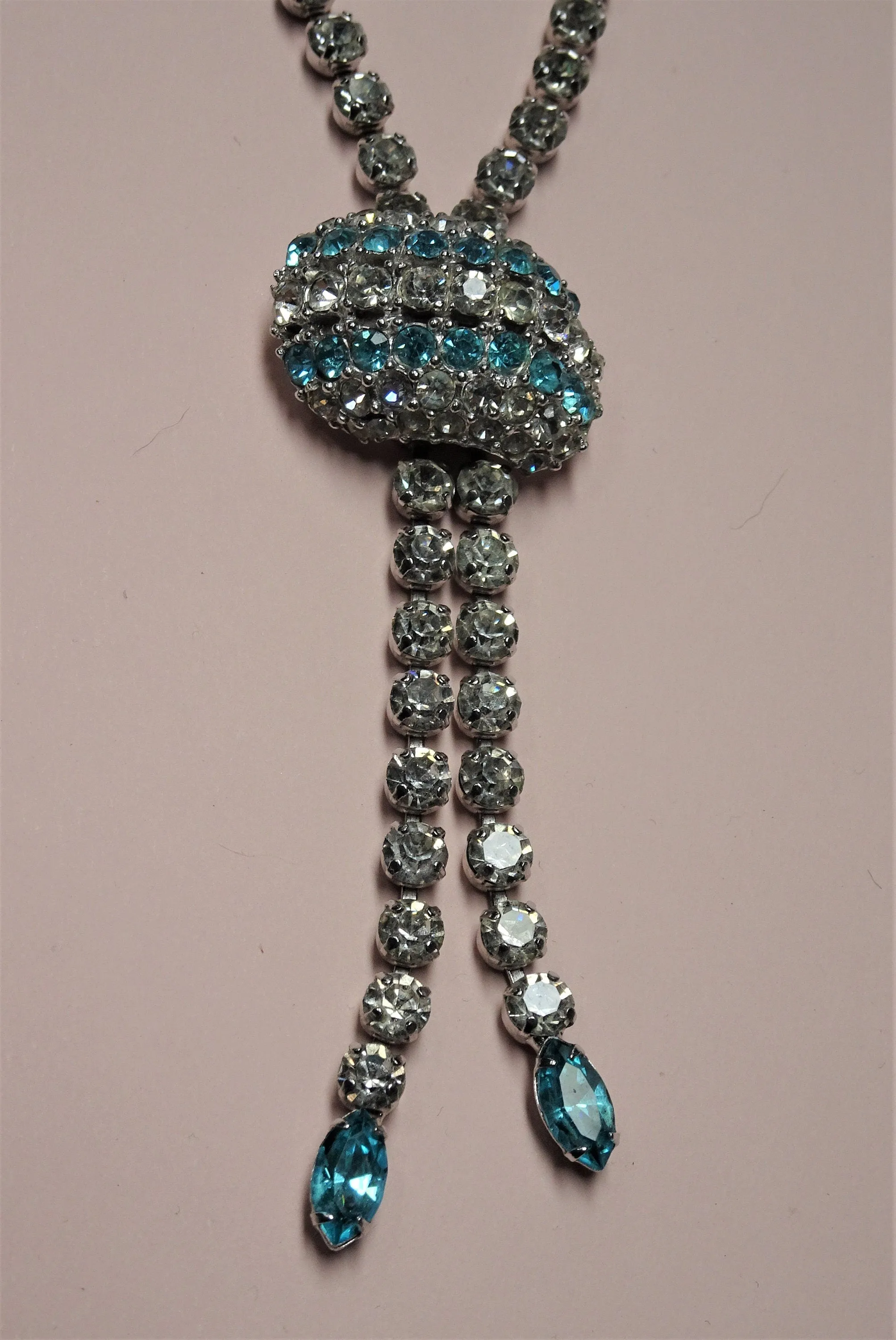 DRAMATIC Art Deco Design Necklace, Sparkling Glass Stones,Brilliant White and Aqua Blue Glass Stones,Unique Design,Collectible Jewelry