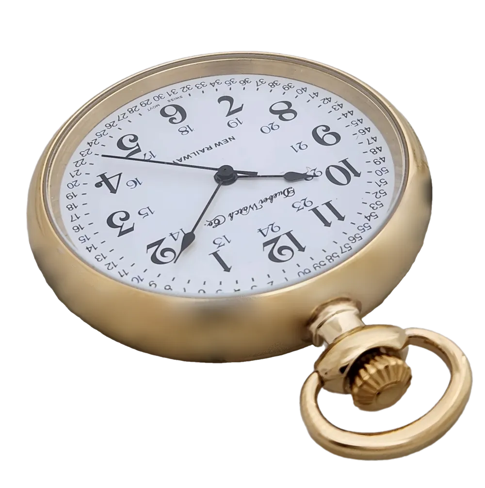 Dueber 212-NR2 "New Railway" Gold Pocket Watch, Swiss Quartz Movement, Railroad Style Dial