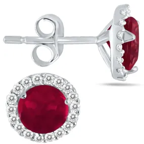 ESTATE 1.21CT DIAMOND & AAA RUBY 14K WHITE GOLD ROUND HALO MARTINI STUD EARRINGS