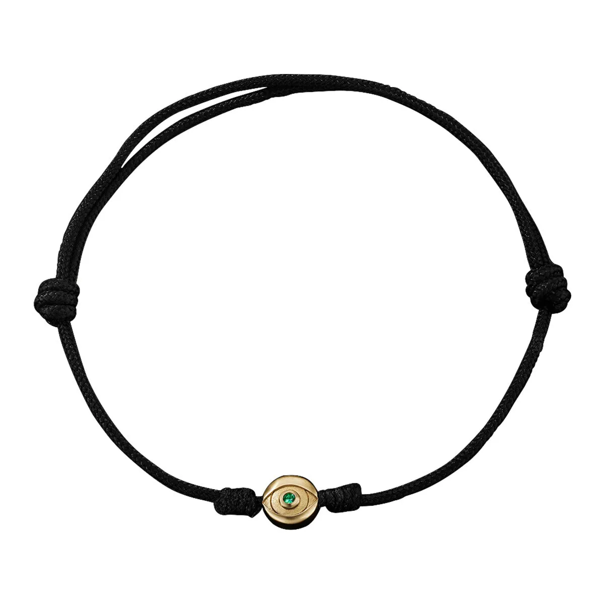 Evil Eye Black Cord Bracelet with 18K Yellow Gold and Emerald