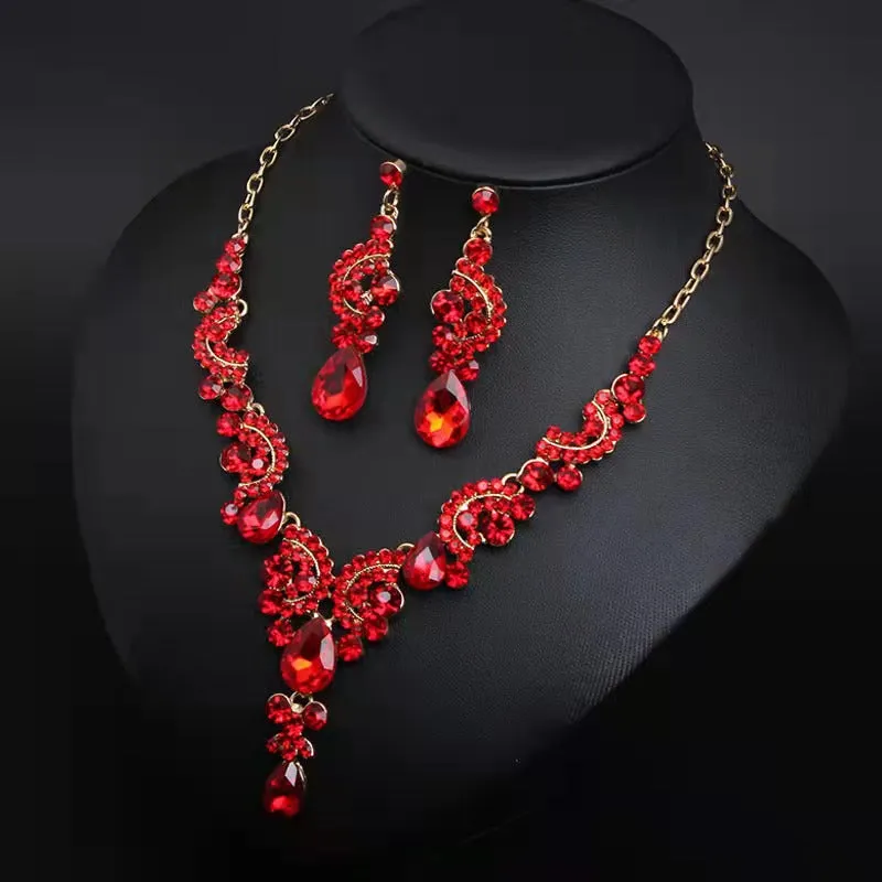 Fashion Women Alloy Rhinestone Pendant Necklace and Earrings Sets Bridal Crystal Jewelry Wedding Party Accessories