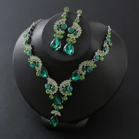 Fashion Women Alloy Rhinestone Pendant Necklace and Earrings Sets Bridal Crystal Jewelry Wedding Party Accessories