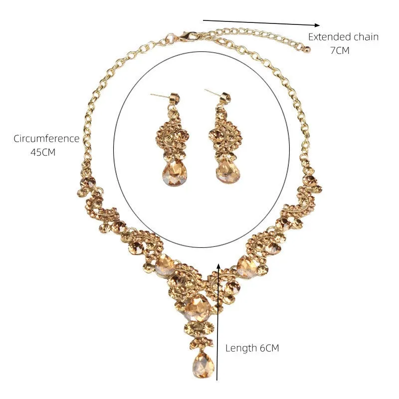Fashion Women Alloy Rhinestone Pendant Necklace and Earrings Sets Bridal Crystal Jewelry Wedding Party Accessories