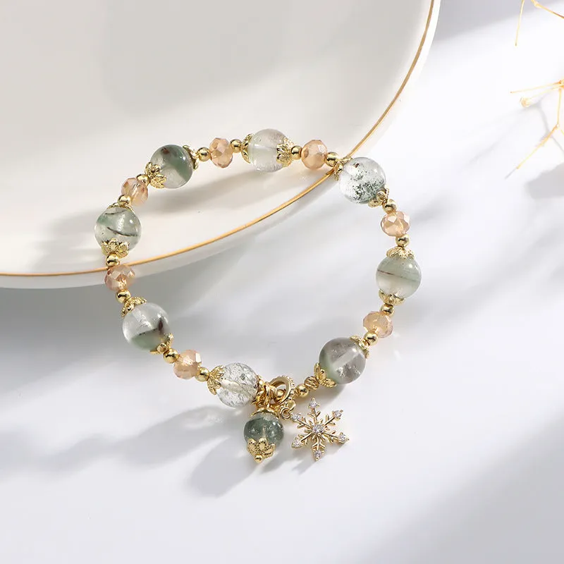 Forest Series Handcrafted Natural Green Ghost Crystal Bracelet with Snowflake Pendant
