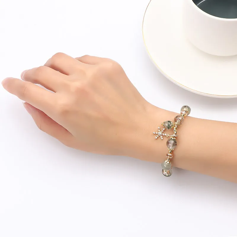 Forest Series Handcrafted Natural Green Ghost Crystal Bracelet with Snowflake Pendant