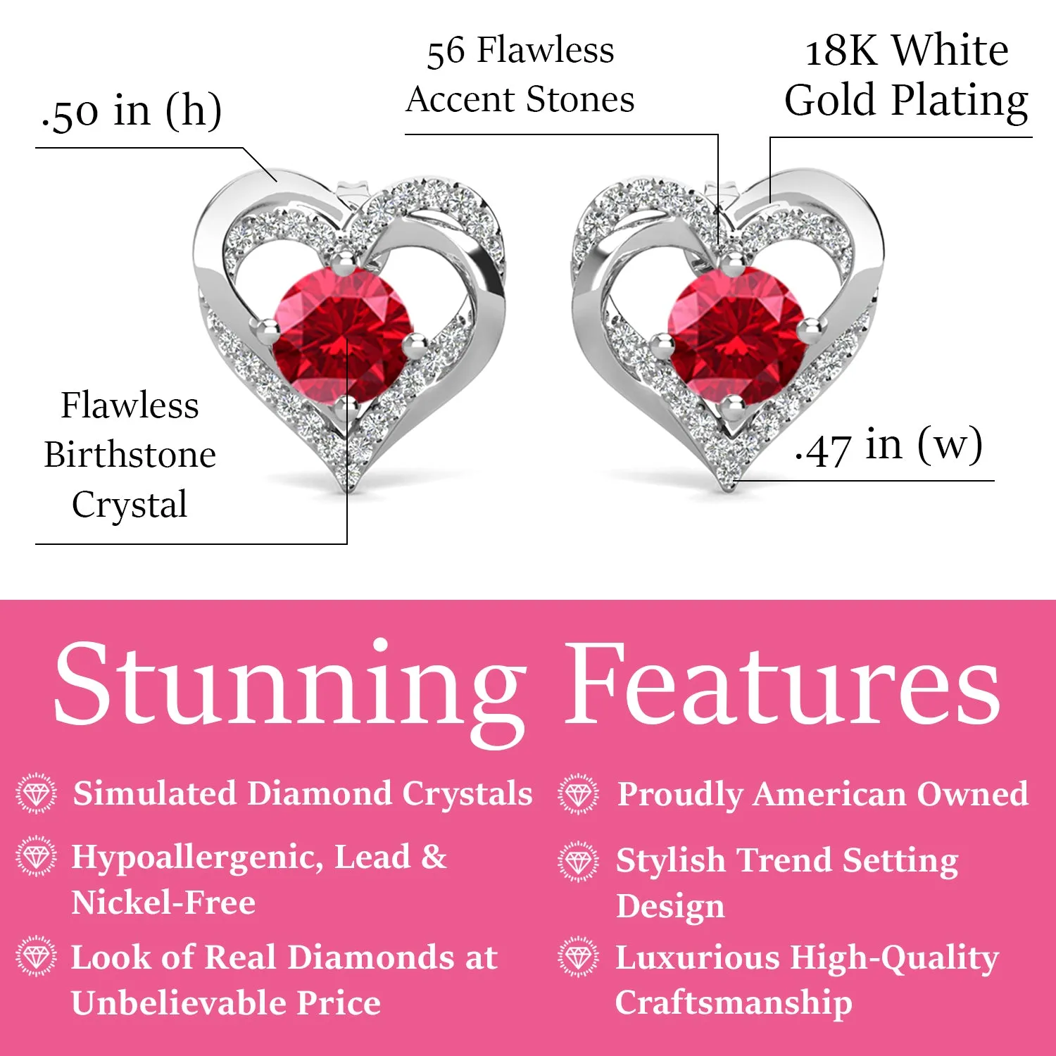 Forever July Birthstone 18k White Gold Plated Silver Double Heart Ruby Earrings with Swarovski Crystals