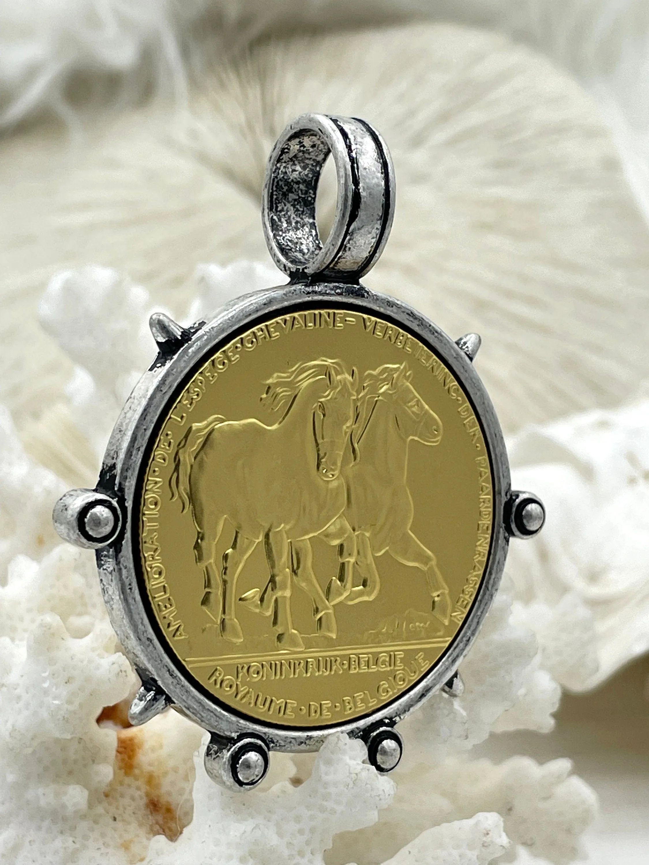 French Horse Coin Pendant, Two Horses on Coin, Coin Bezel, French coin, Art Deco Coin, Gold Coin, 3 Styles. Fast Ship