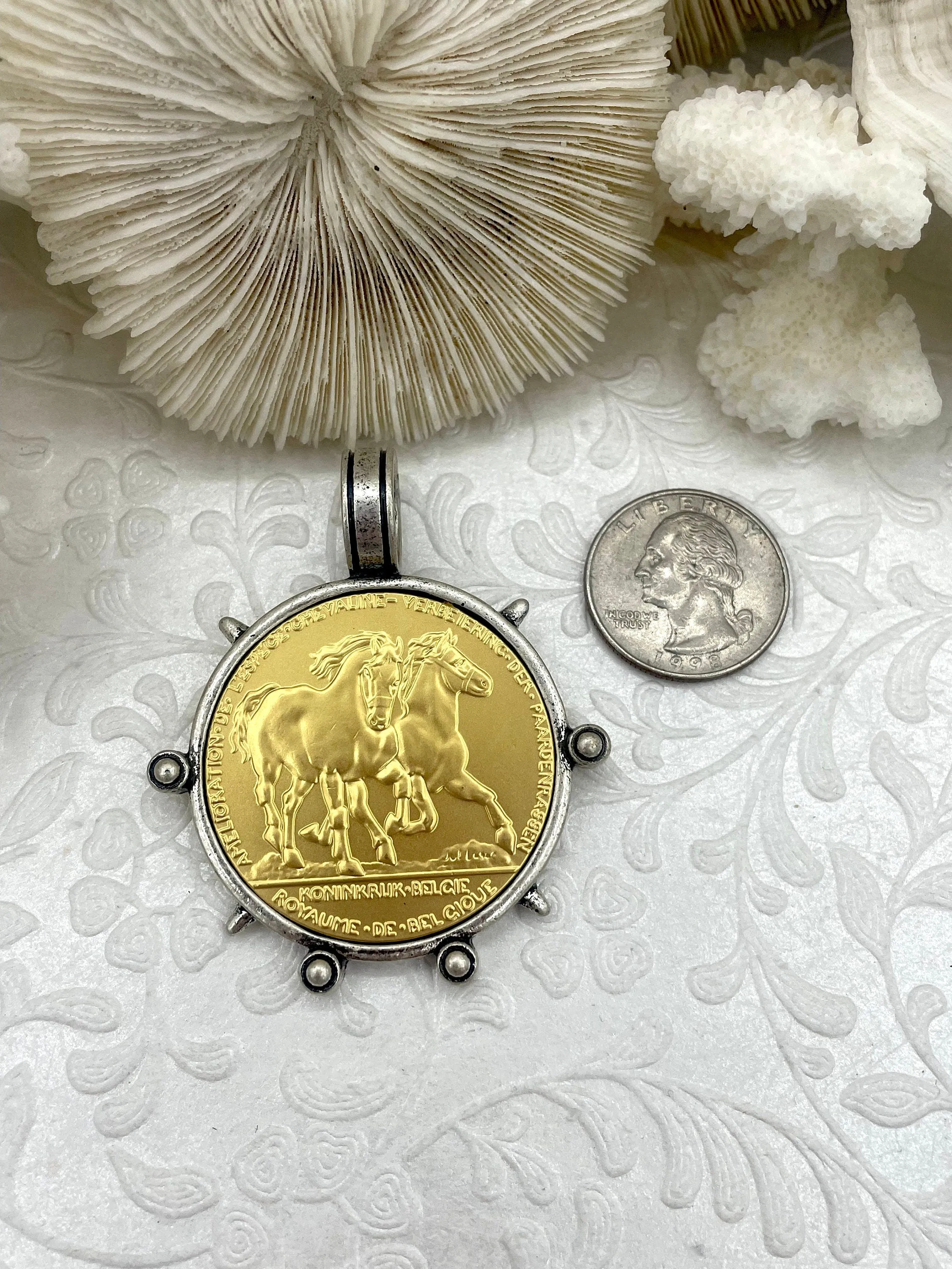 French Horse Coin Pendant, Two Horses on Coin, Coin Bezel, French coin, Art Deco Coin, Gold Coin, 3 Styles. Fast Ship