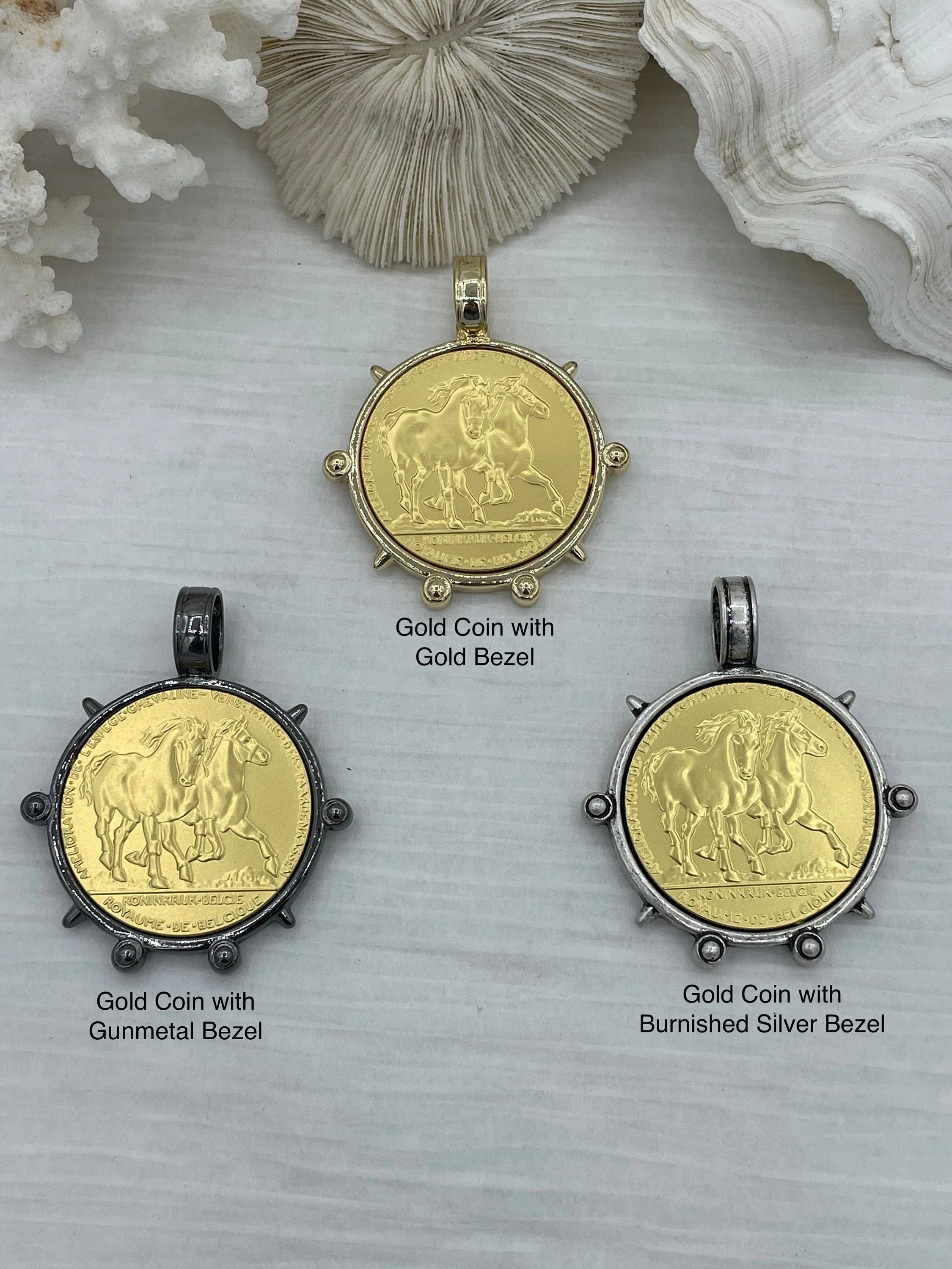 French Horse Coin Pendant, Two Horses on Coin, Coin Bezel, French coin, Art Deco Coin, Gold Coin, 3 Styles. Fast Ship