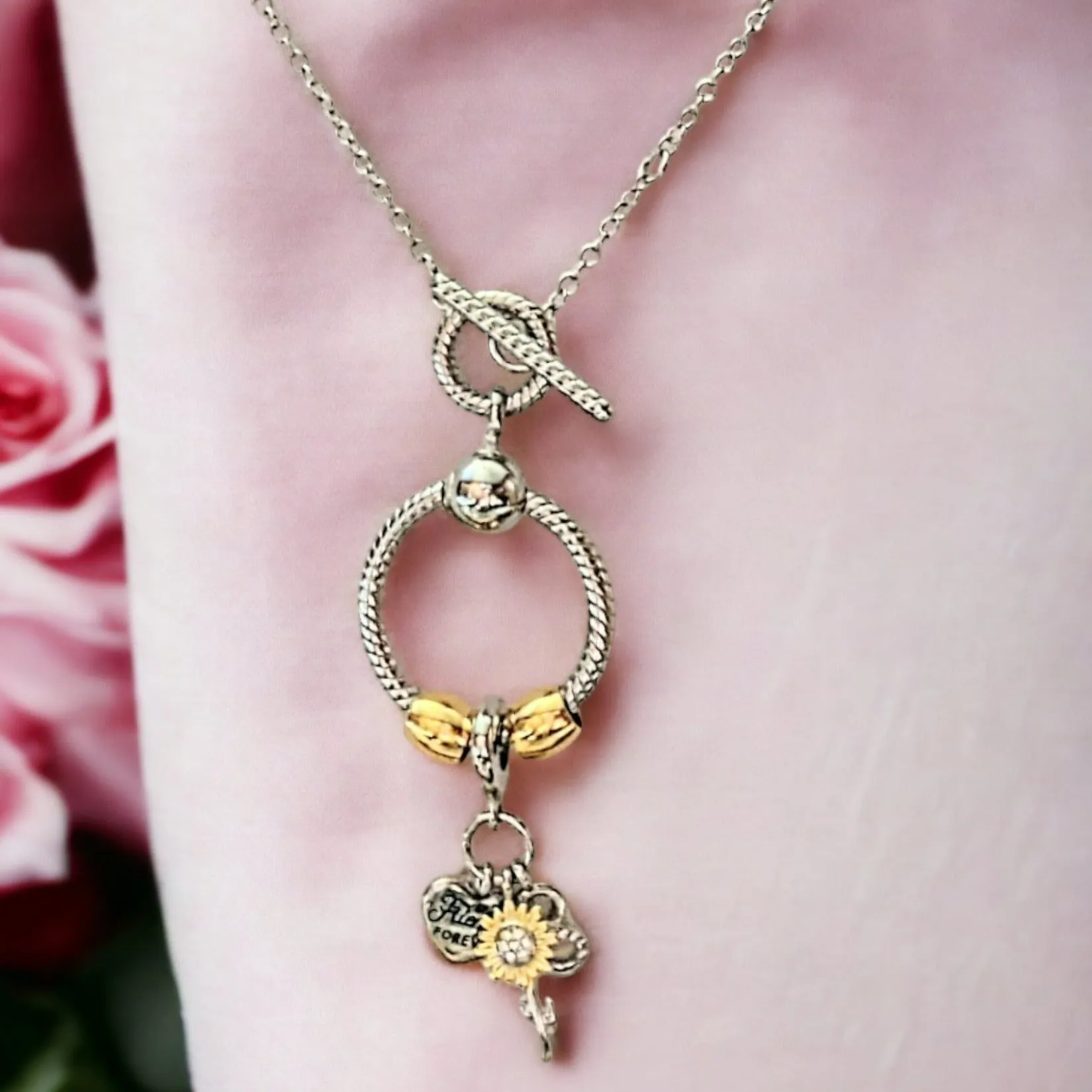 Friends Forever Sunflower Sterling Silver Toggle Charm Necklace, 20 inches