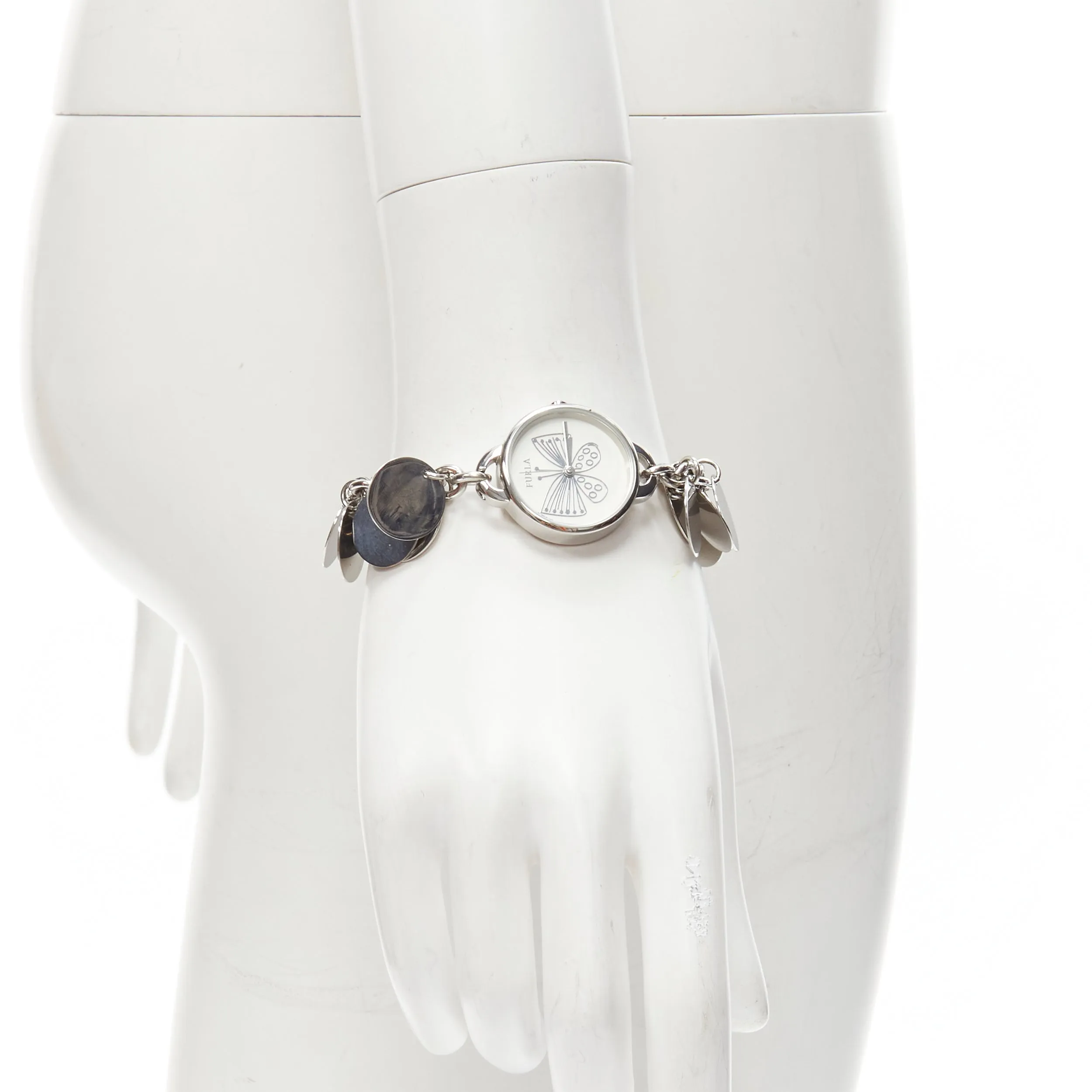 FURLA scribble butterfly logo silver disc chain watch bracelet
