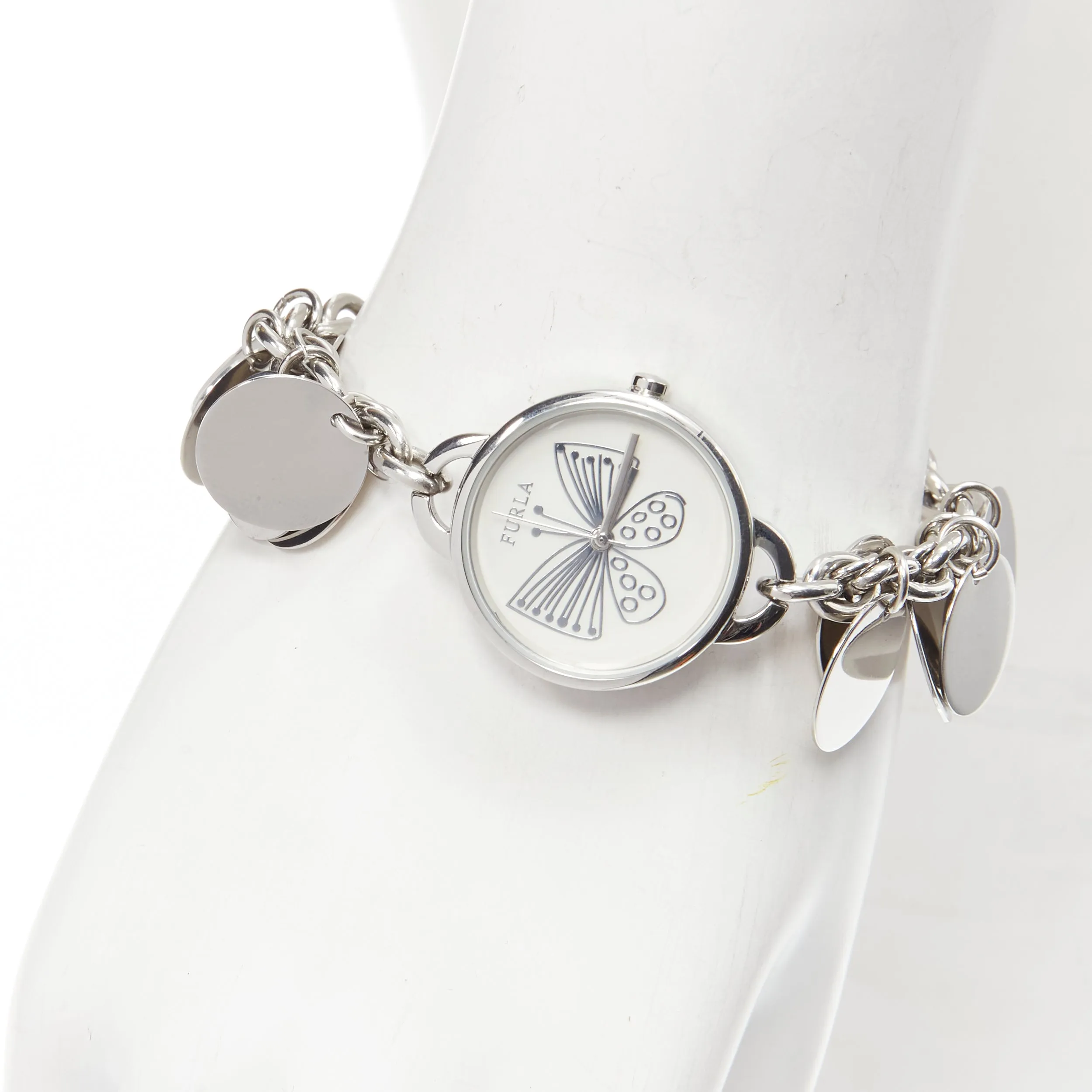 FURLA scribble butterfly logo silver disc chain watch bracelet
