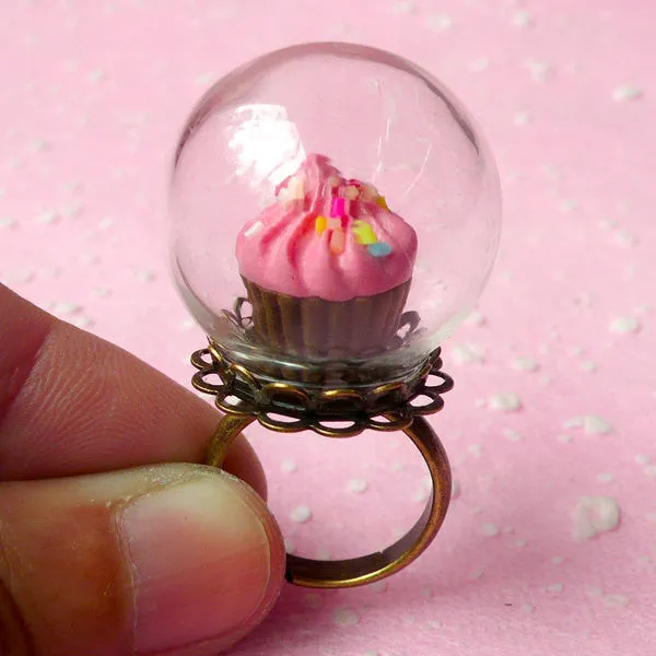 Glass Dome / Clear Glass Globe Ring / Glass Bubble / Glass Bottle (24mm) with Bronze Lace Adjustable Ring (1 Set) Miniature Terrarium F045