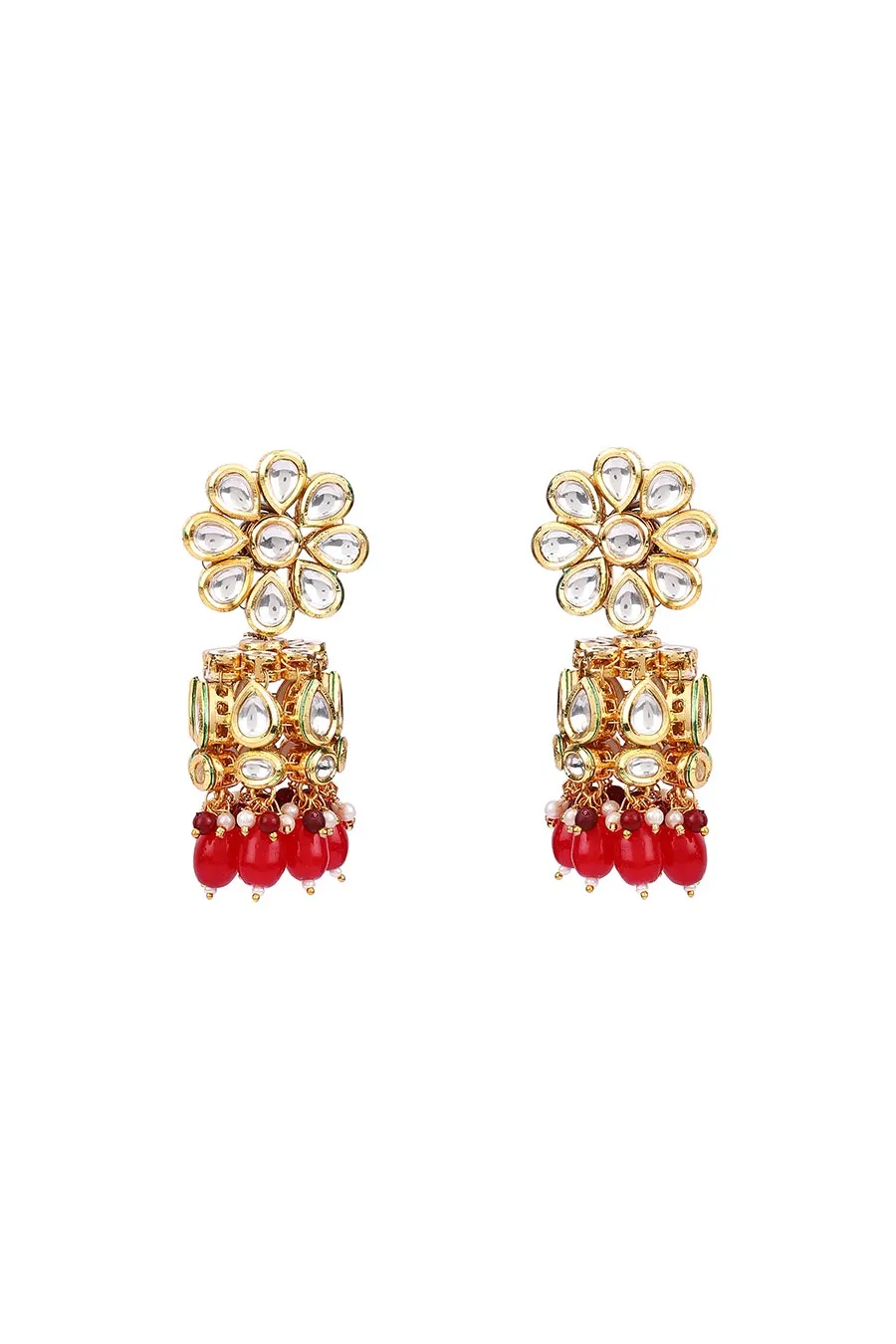 Gold Finish Floral Ruby Jhumka Earrings