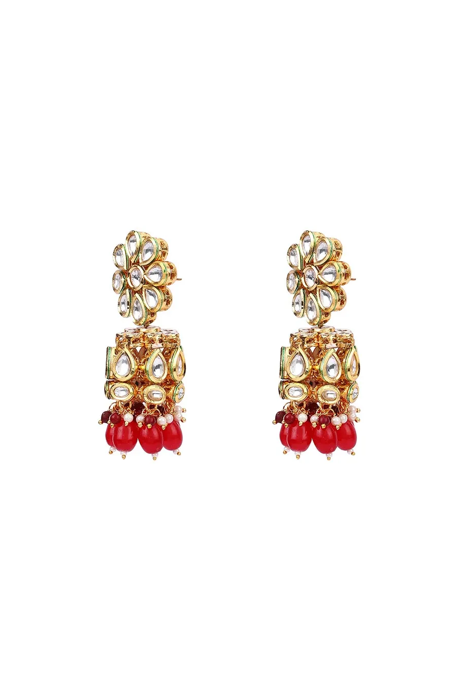 Gold Finish Floral Ruby Jhumka Earrings