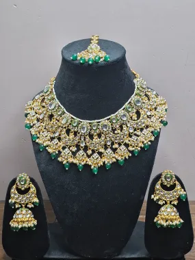 Green colour Gold Plated Kundan Necklace with Earring & Maang Tikka