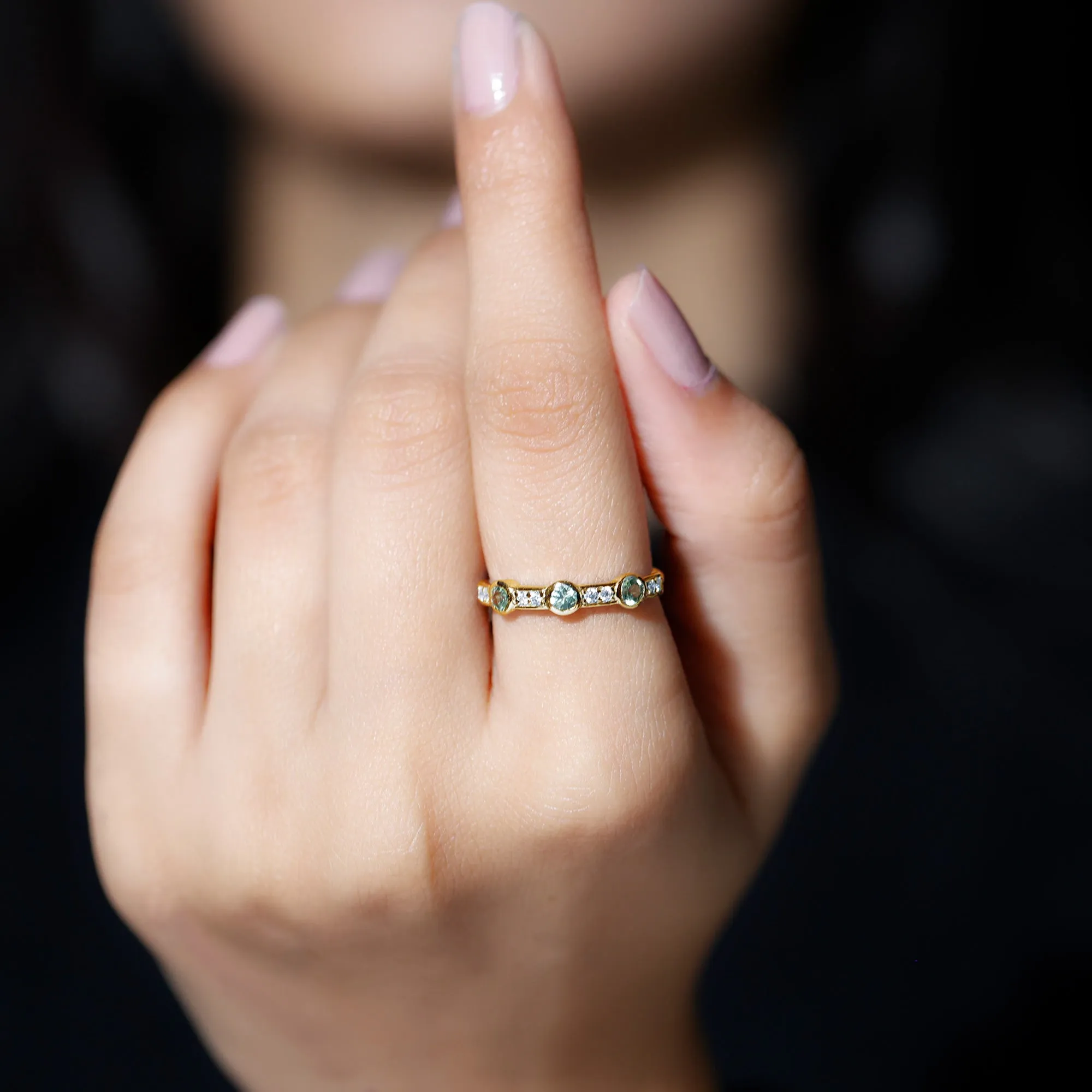 Green Sapphire and Diamond Minimal Half Eternity Ring