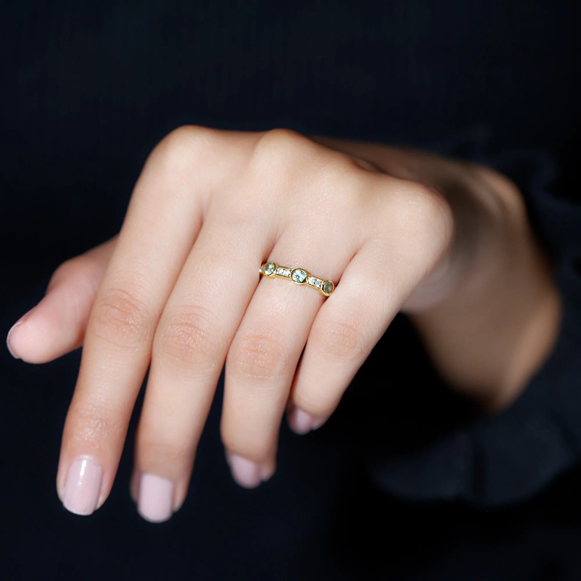 Green Sapphire and Diamond Minimal Half Eternity Ring