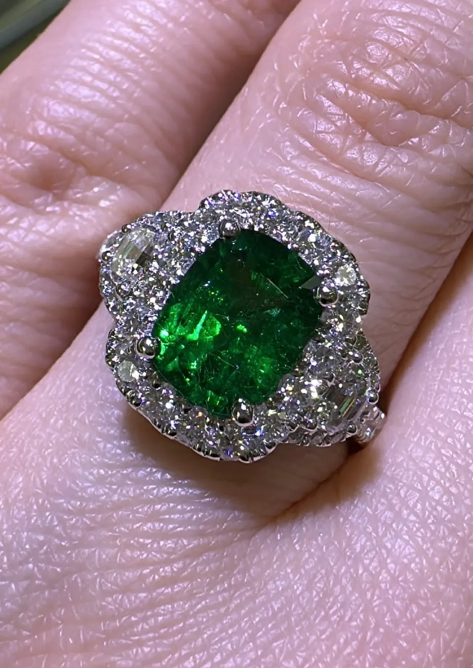 GRS Certified Ladies Statement 2.83ct tw Cushion Cut Zambian Emerald & Diamond Ring