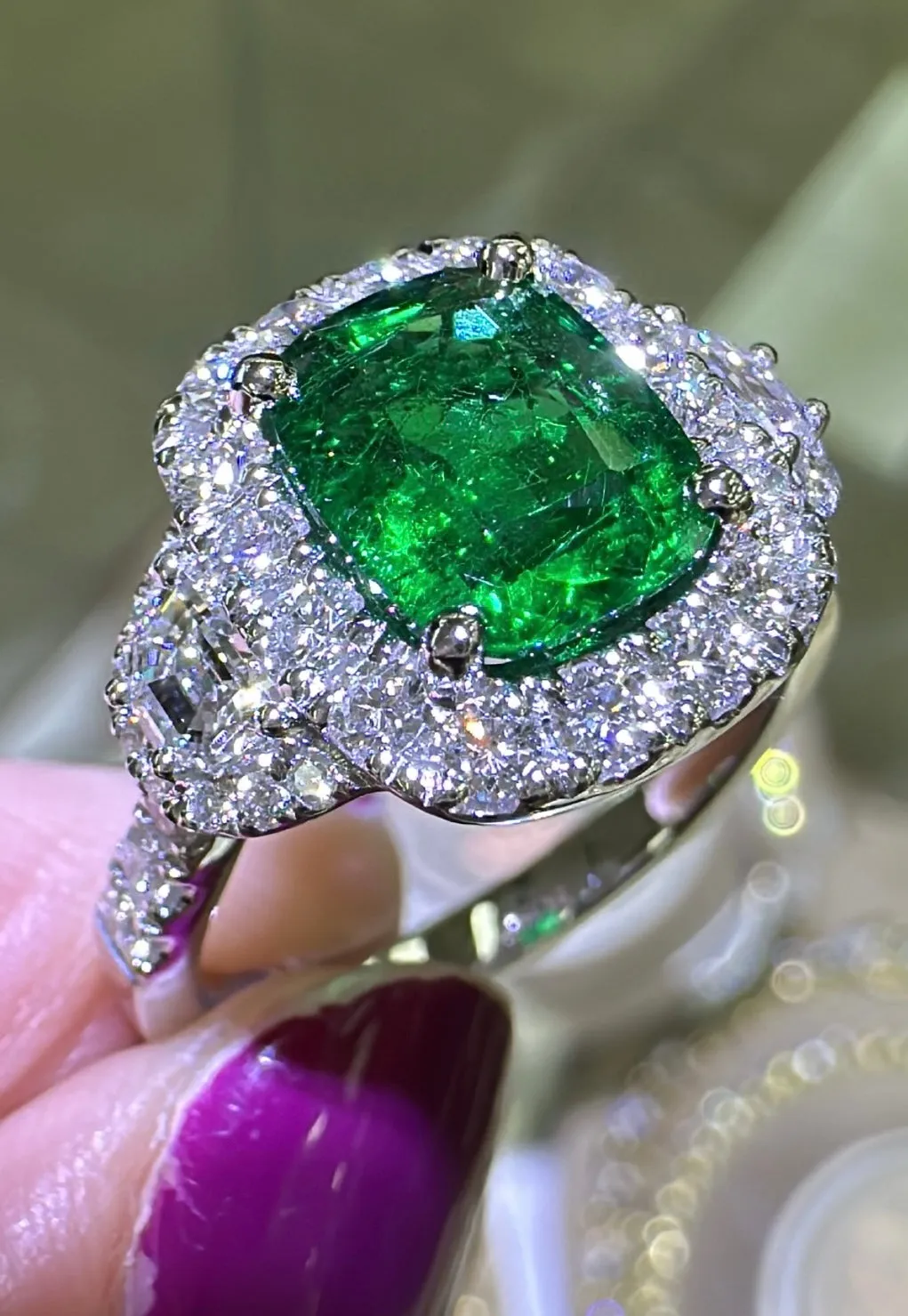 GRS Certified Ladies Statement 2.83ct tw Cushion Cut Zambian Emerald & Diamond Ring
