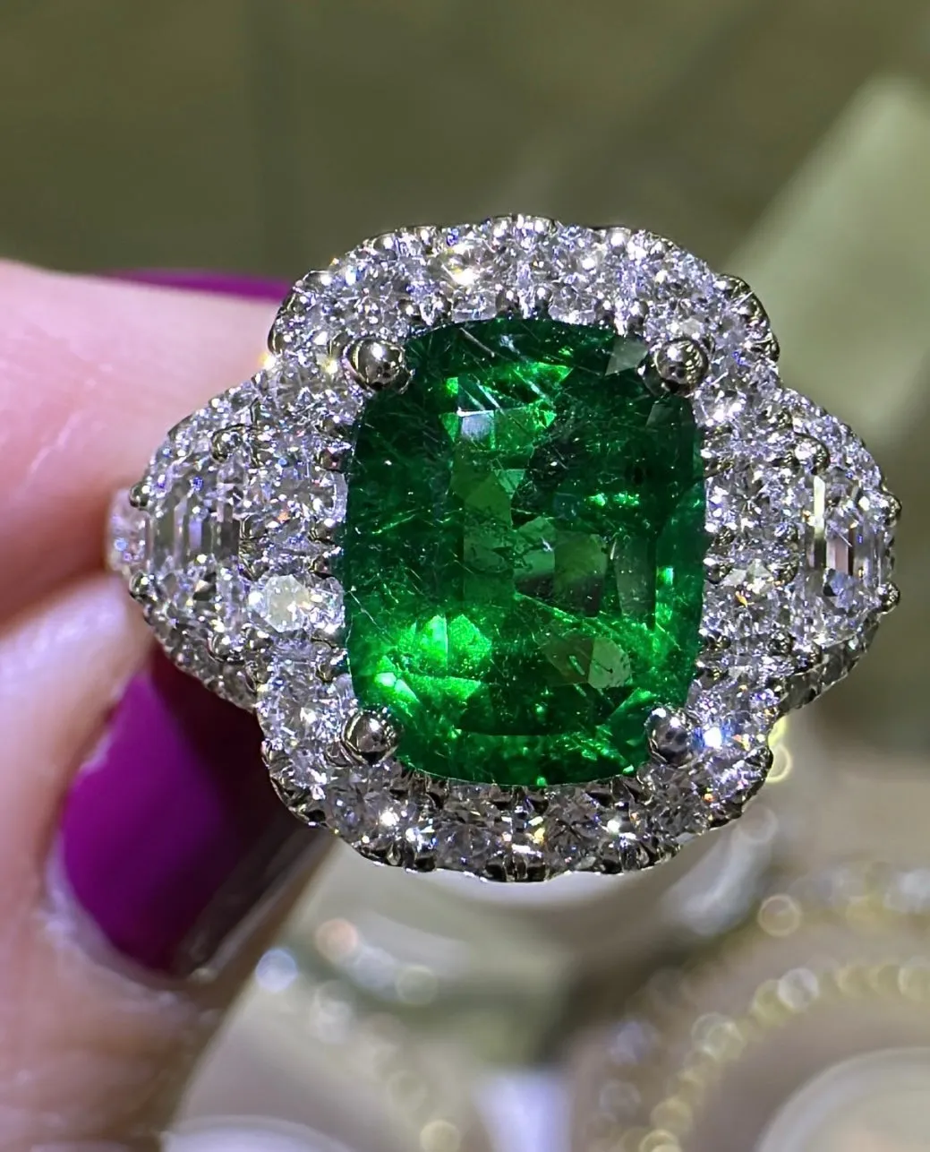GRS Certified Ladies Statement 2.83ct tw Cushion Cut Zambian Emerald & Diamond Ring