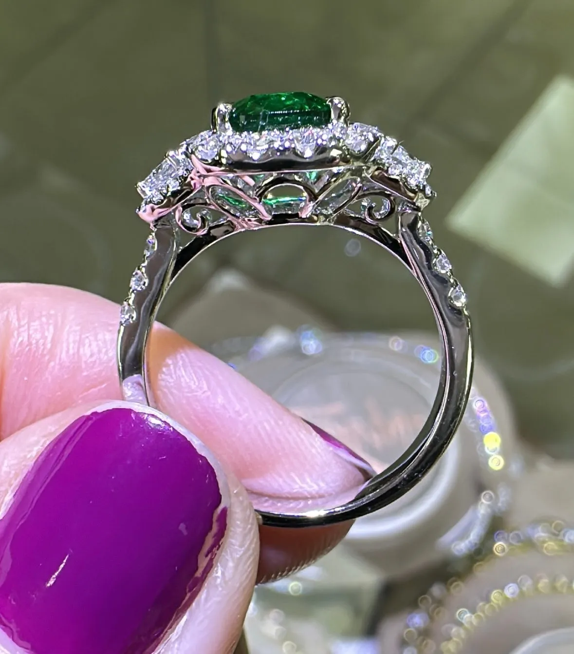 GRS Certified Ladies Statement 2.83ct tw Cushion Cut Zambian Emerald & Diamond Ring