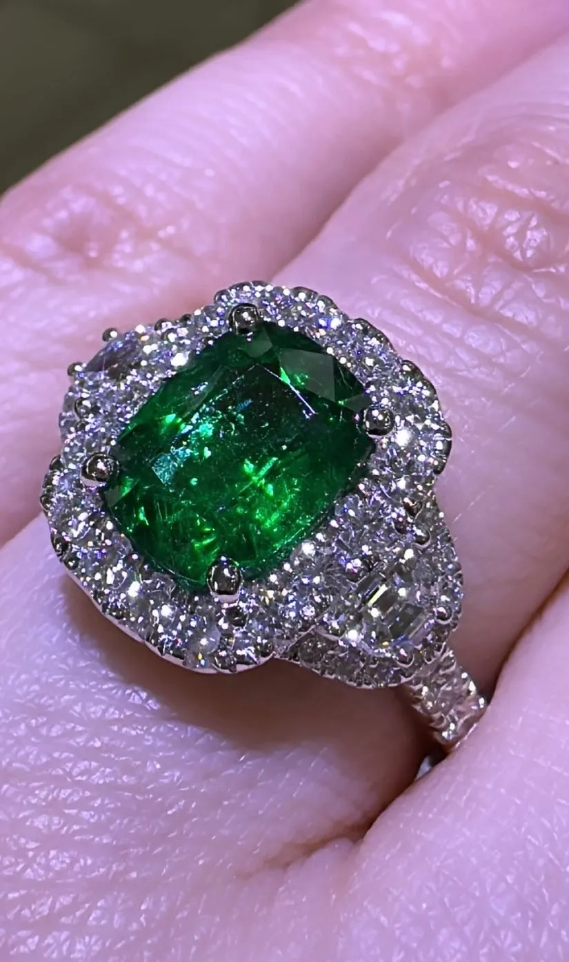 GRS Certified Ladies Statement 2.83ct tw Cushion Cut Zambian Emerald & Diamond Ring