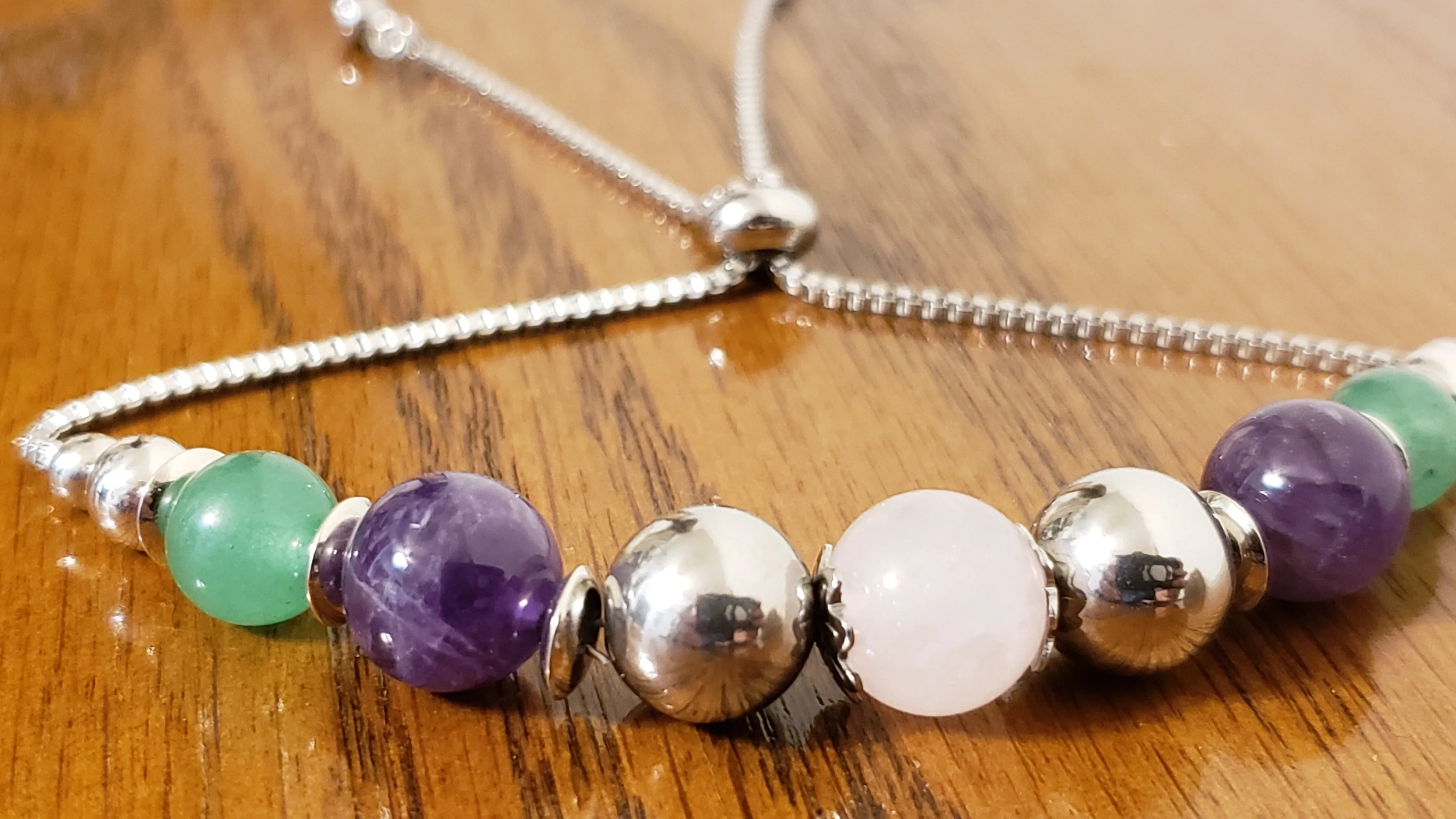 Hand Crafted Rose Quartz, Amethyst, Adventurine & Stainless Steel Bolo Style Bracelet, Adjustable.
 
