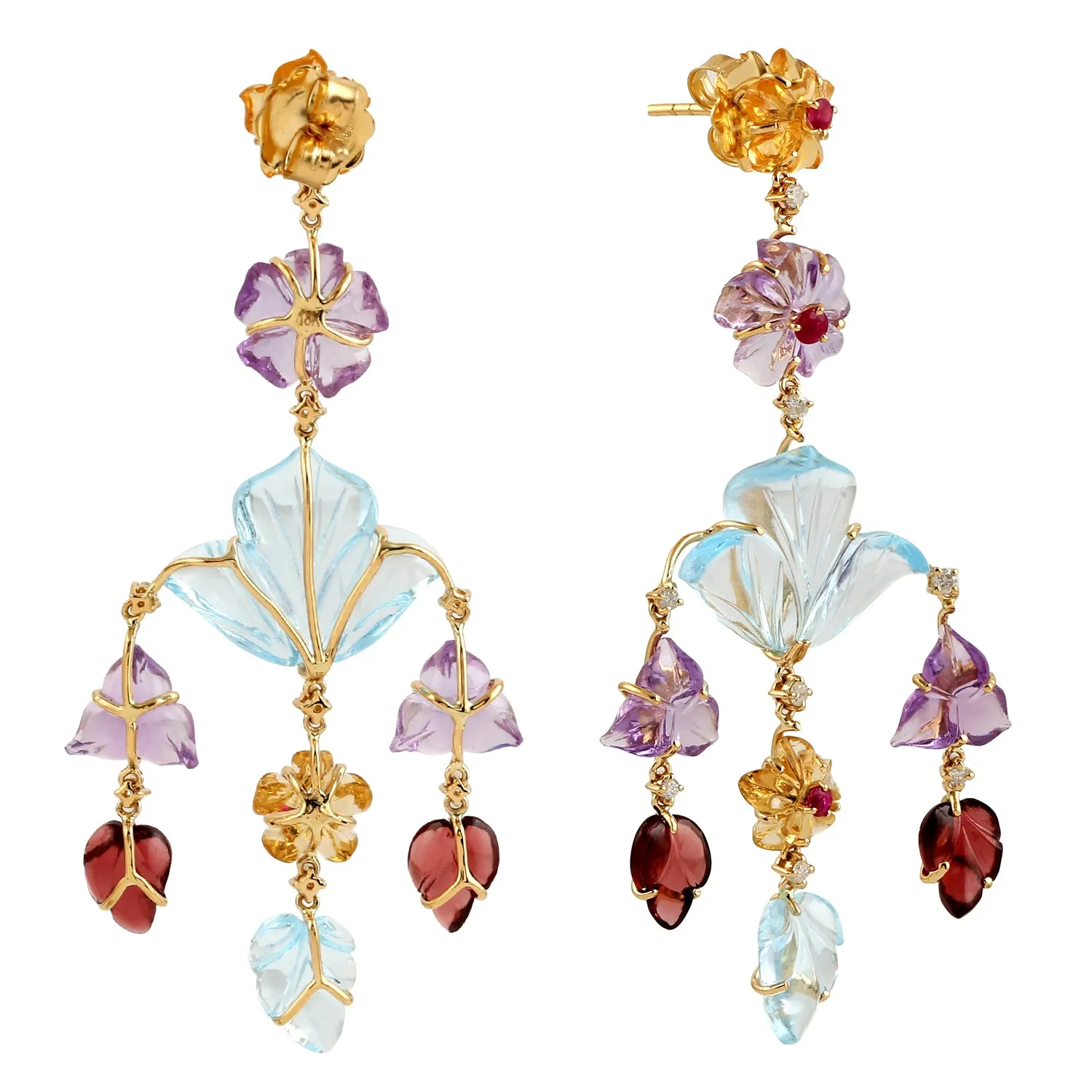 Handcarved Flower Natural Ruby Diamond Multiple Gemstone Chandelier Earrings In 18k Yellow Gold
