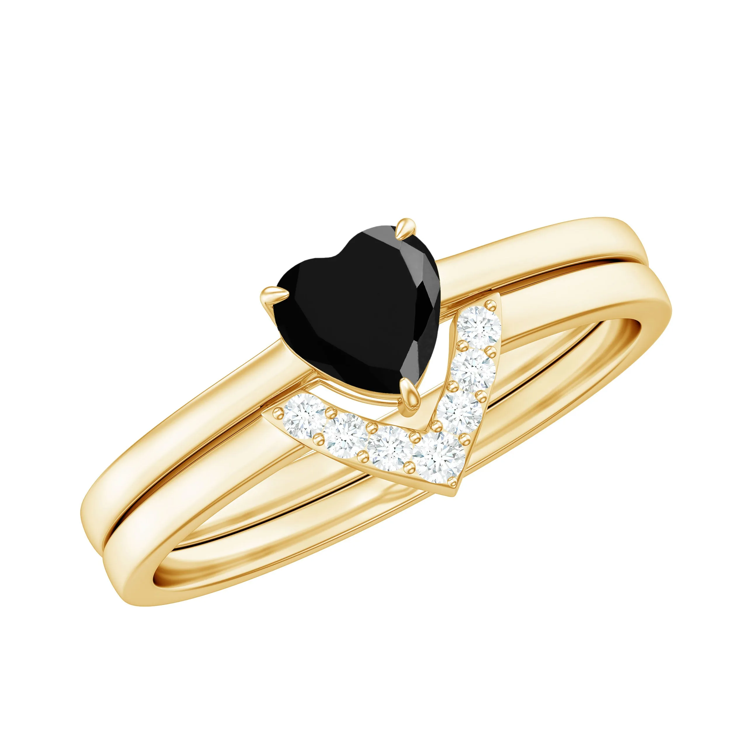 Heart Shape Black Spinel Ring Set with Diamond
