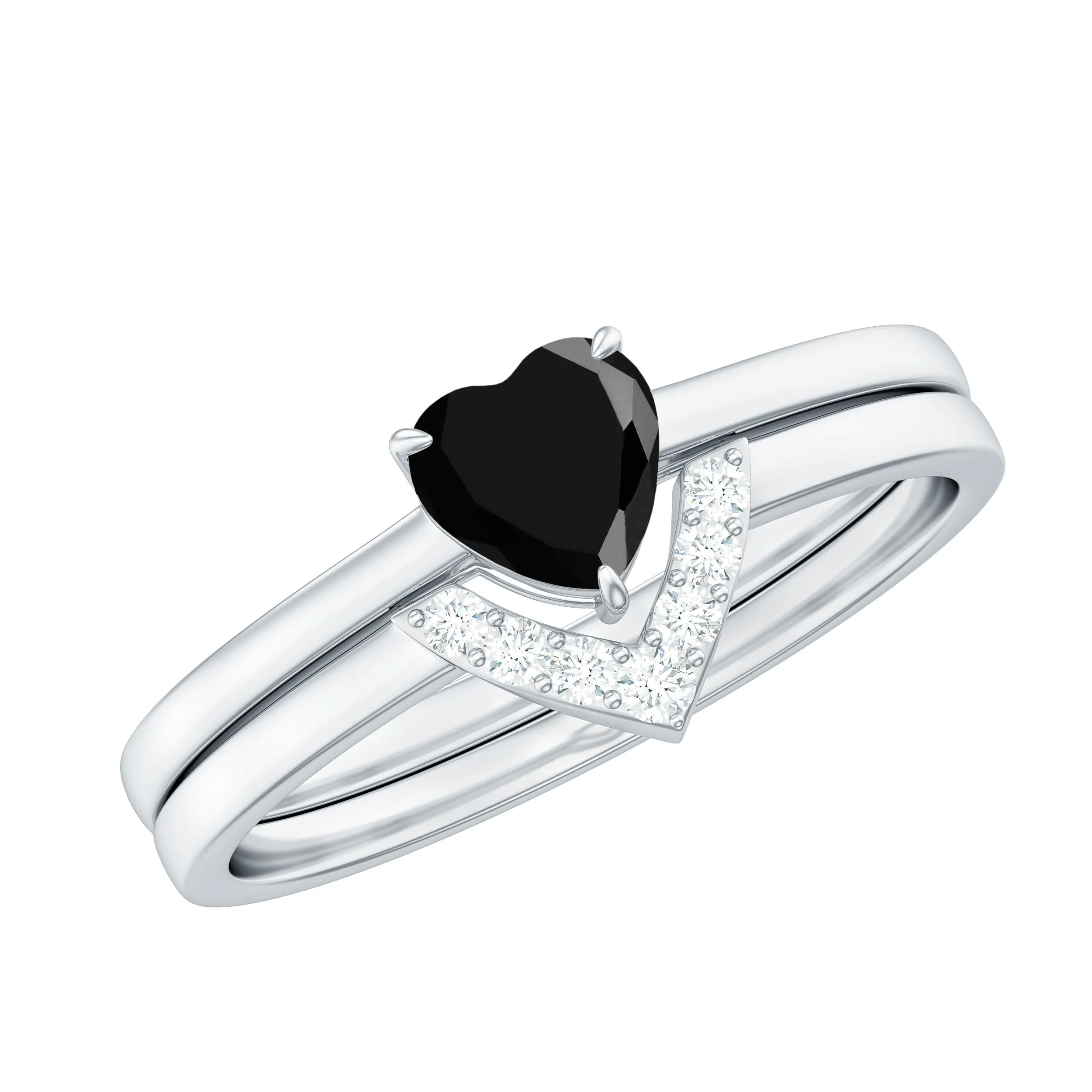Heart Shape Black Spinel Ring Set with Diamond