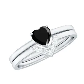 Heart Shape Black Spinel Ring Set with Diamond