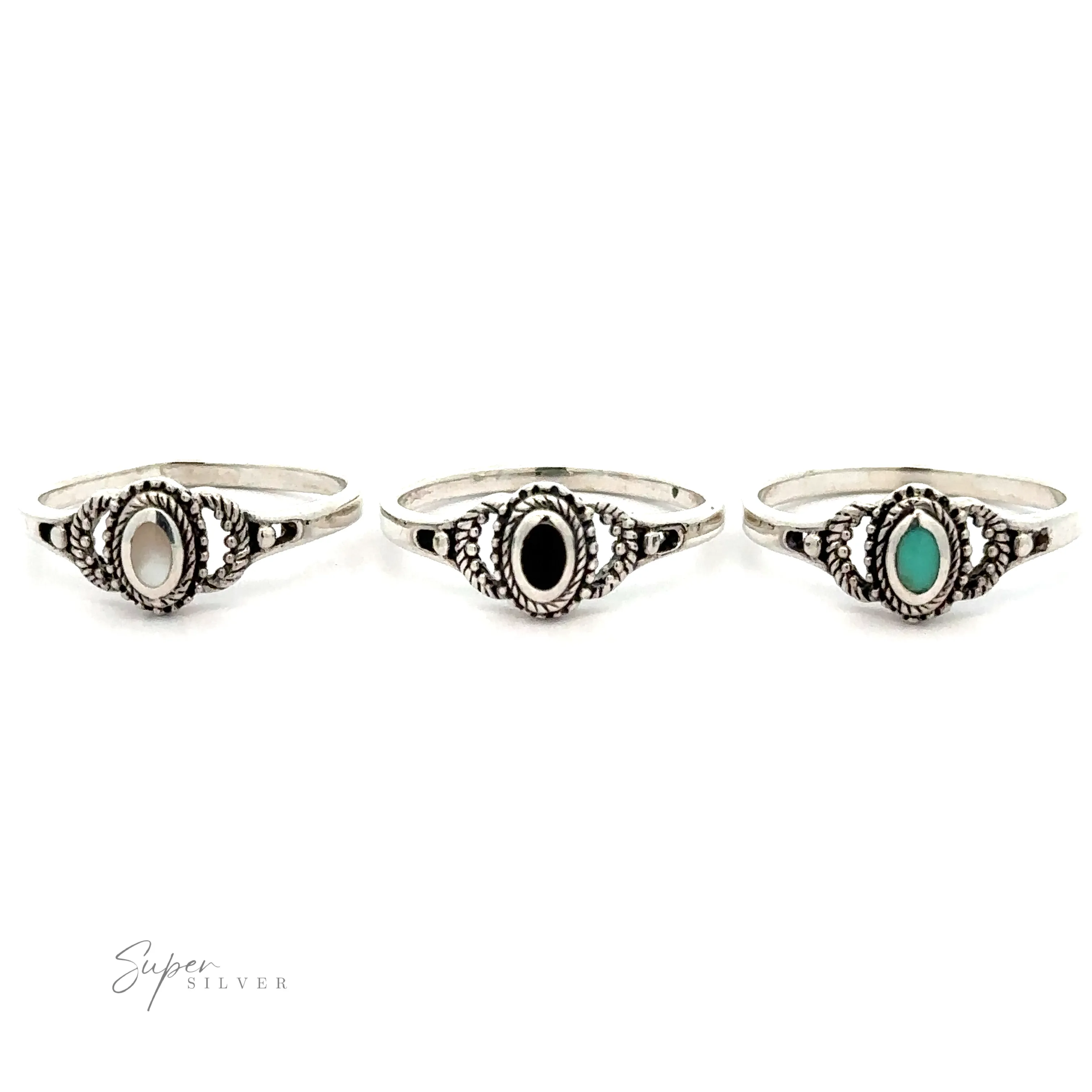 Inlaid Oval Stone Ring with Rope Texture