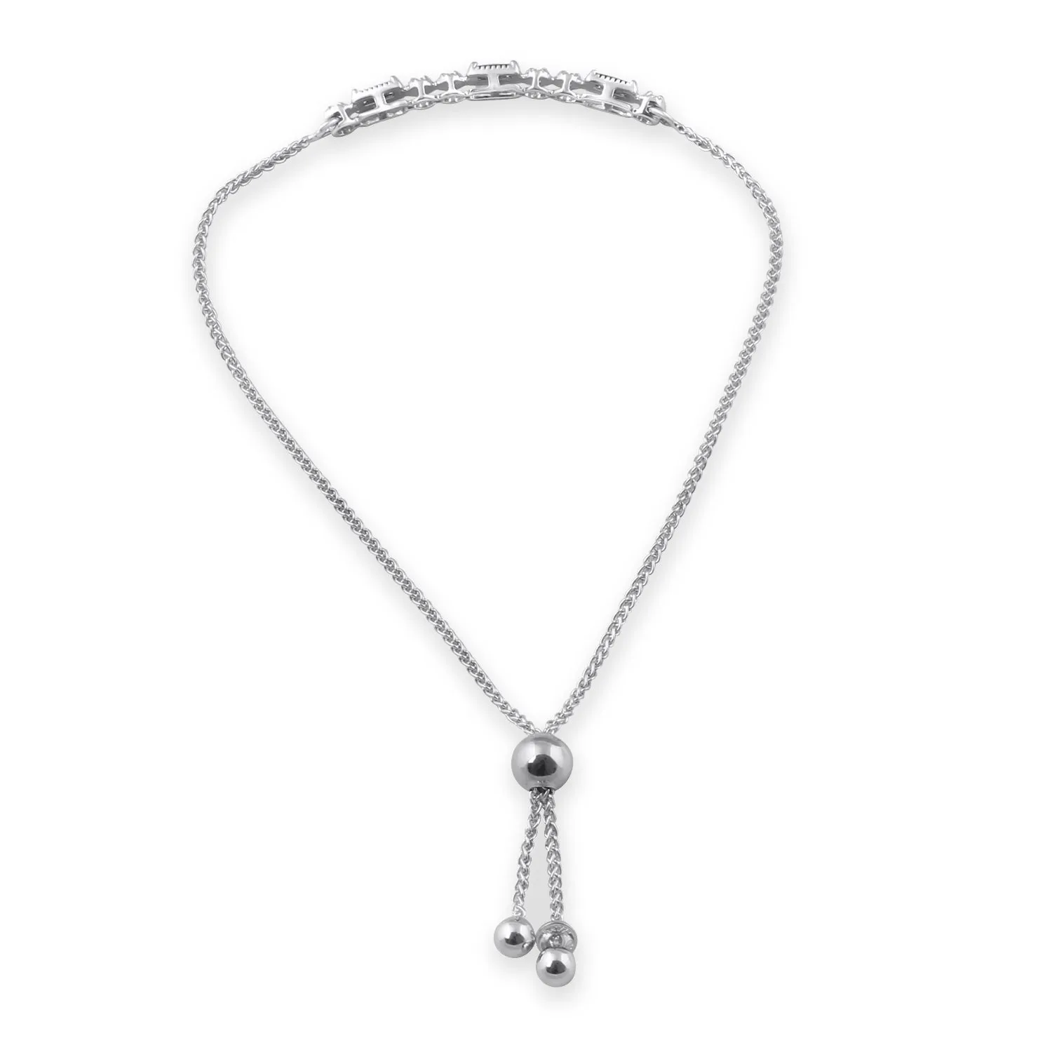 Jewelili Sterling Silver 4x2 MM Baguette Simulated Green Emerald and Round Created White Sapphire Bolo Bracelet, 9.5"