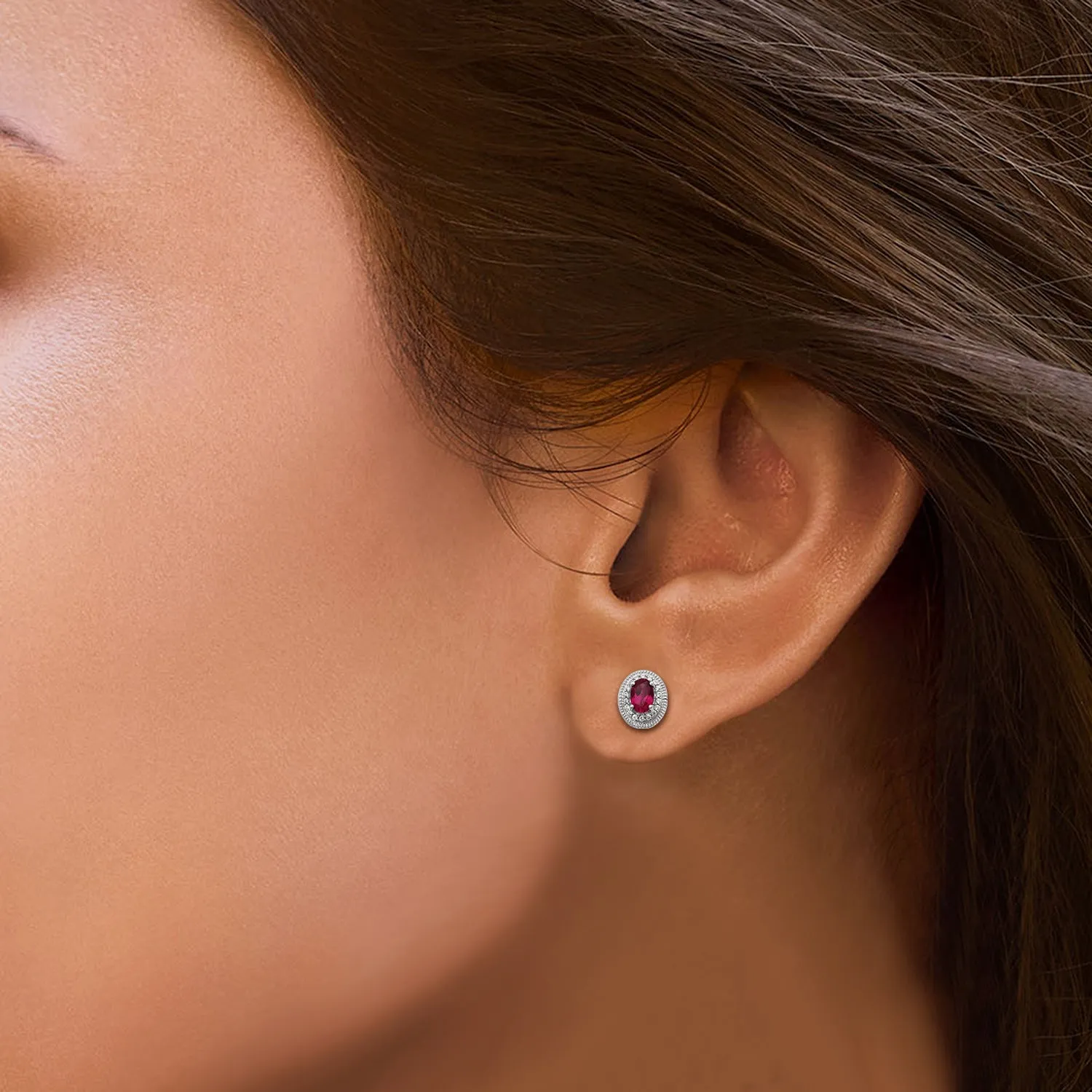 Jewelili Sterling Silver Oval Cut Created Ruby and Round Created White Sapphire Stud Earrings