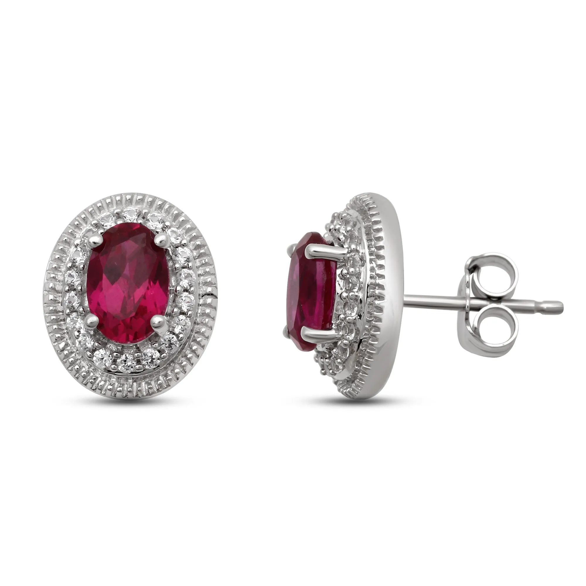 Jewelili Sterling Silver Oval Cut Created Ruby and Round Created White Sapphire Stud Earrings