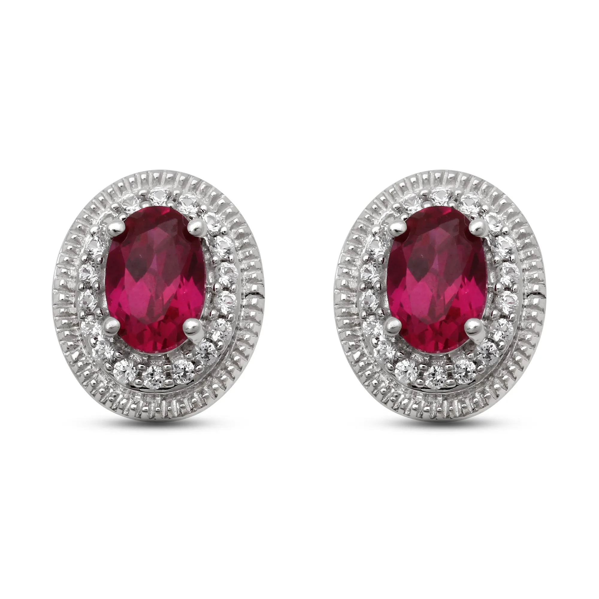 Jewelili Sterling Silver Oval Cut Created Ruby and Round Created White Sapphire Stud Earrings