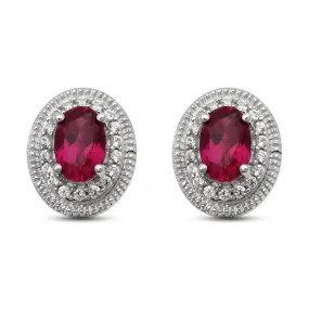 Jewelili Sterling Silver Oval Cut Created Ruby and Round Created White Sapphire Stud Earrings