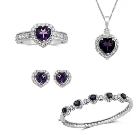 Jewelili Sterling Silver Over Brass with Heart Shape Amethyst and Round Cubic Zirconia Jewelry Set