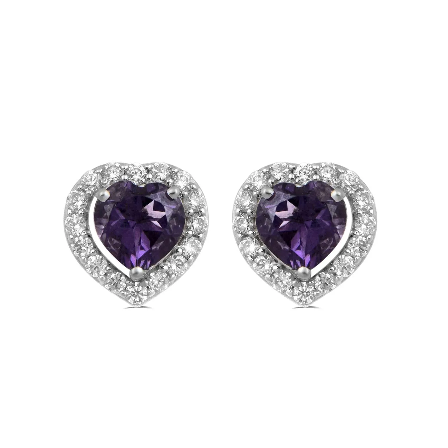 Jewelili Sterling Silver Over Brass with Heart Shape Amethyst and Round Cubic Zirconia Jewelry Set