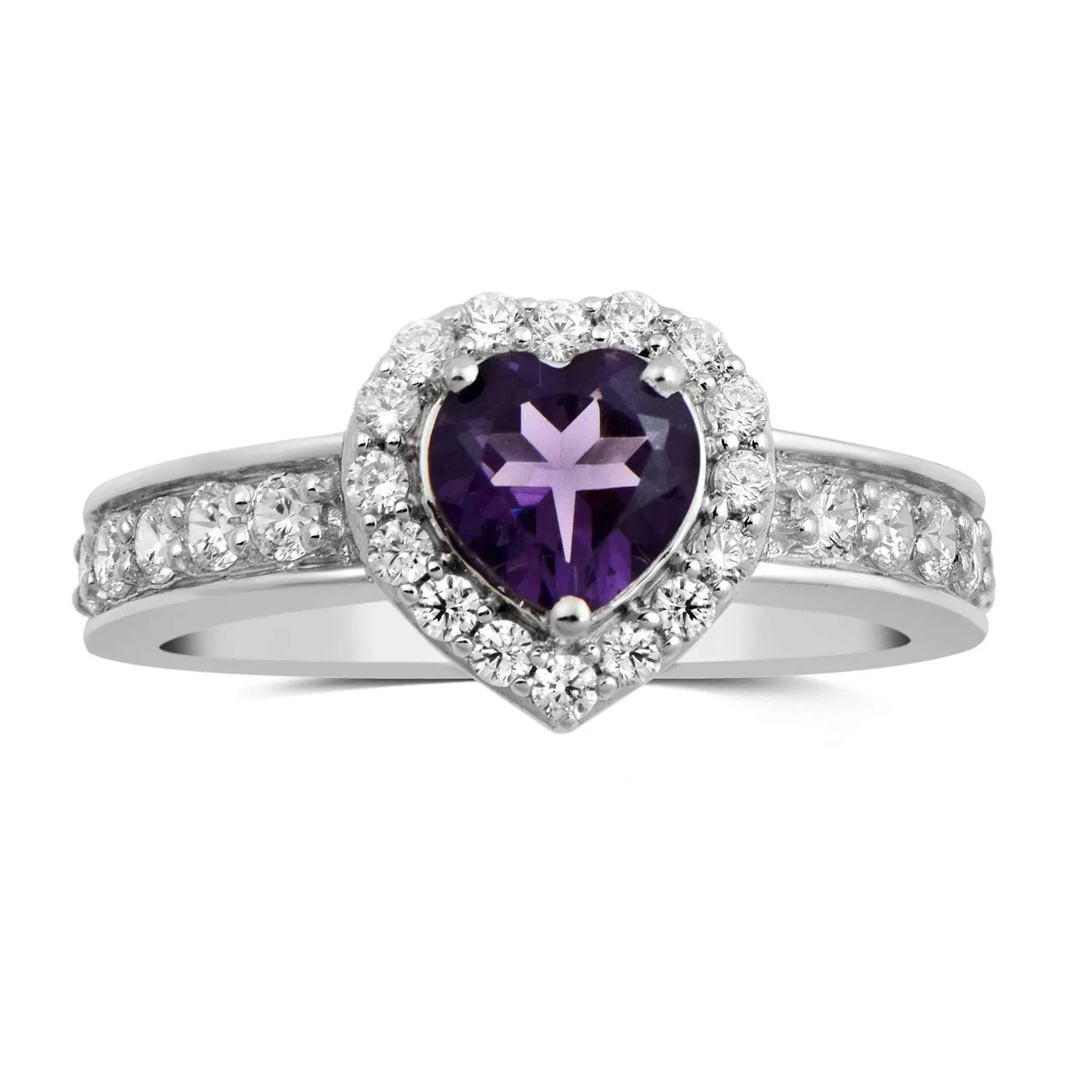 Jewelili Sterling Silver Over Brass with Heart Shape Amethyst and Round Cubic Zirconia Jewelry Set