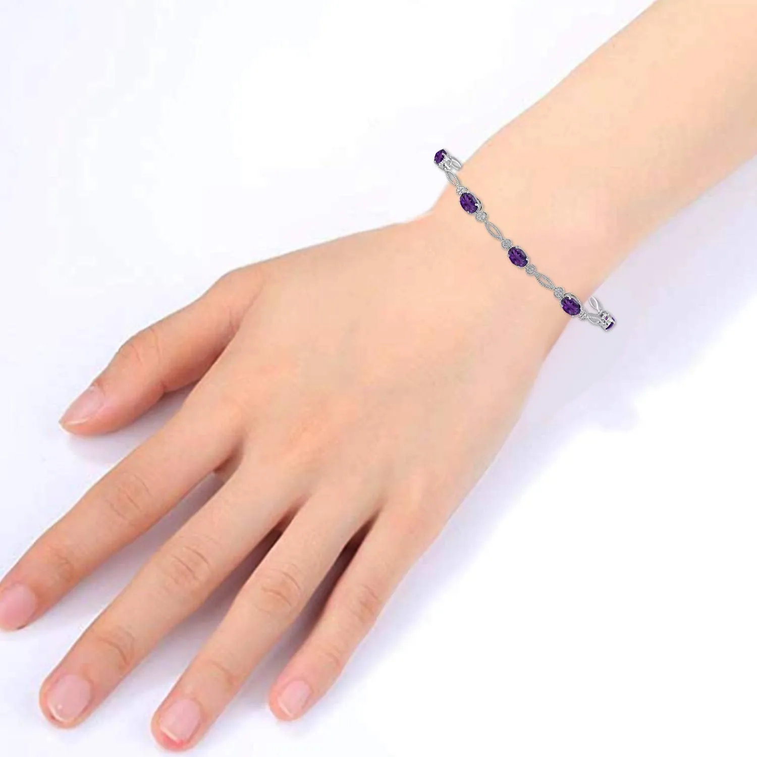 Jewelili Sterling Silver With Amethyst Fashion Bracelet, 7.5 Inch