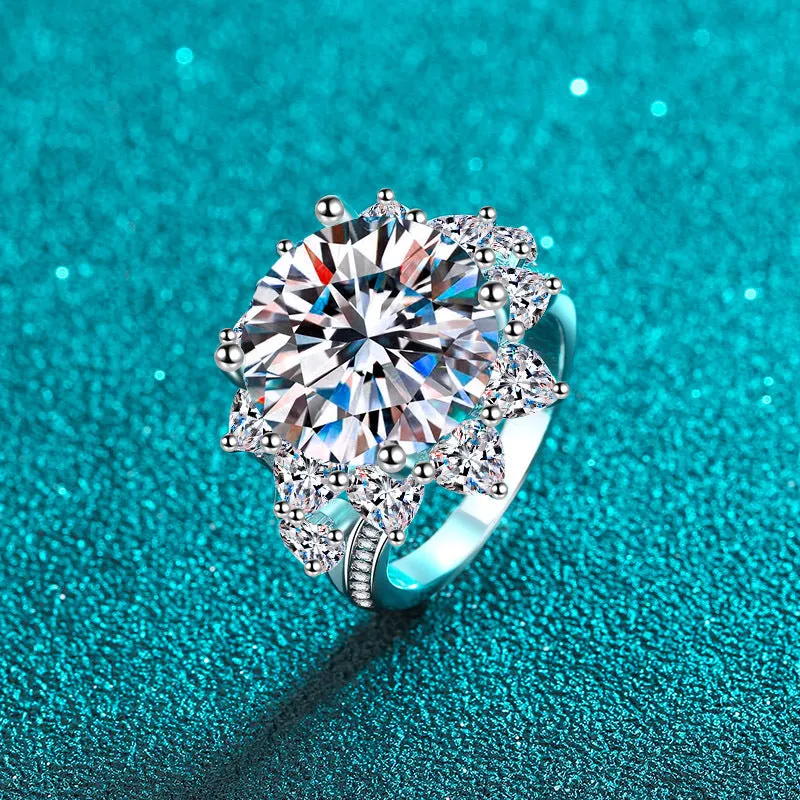 Luxury Mossanite Sun Flower Ring S925 Sterling Silver Plated PT950 Wedding Ring Jewelry
