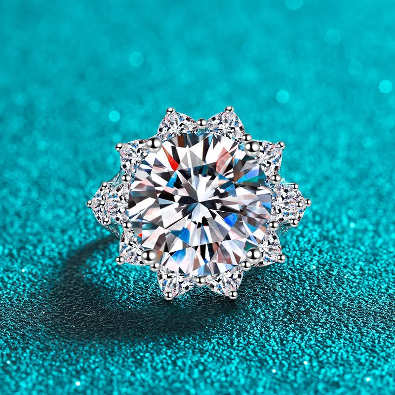 Luxury Mossanite Sun Flower Ring S925 Sterling Silver Plated PT950 Wedding Ring Jewelry