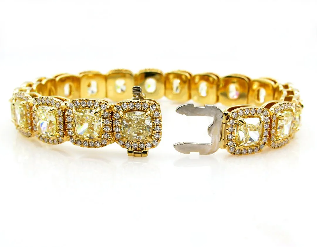 Magnificent 27.28ct Natural Fancy Yellow Radiant Cut Tennis Line Bracelet 18k YG