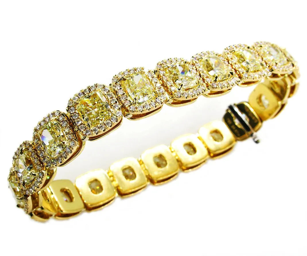 Magnificent 27.28ct Natural Fancy Yellow Radiant Cut Tennis Line Bracelet 18k YG